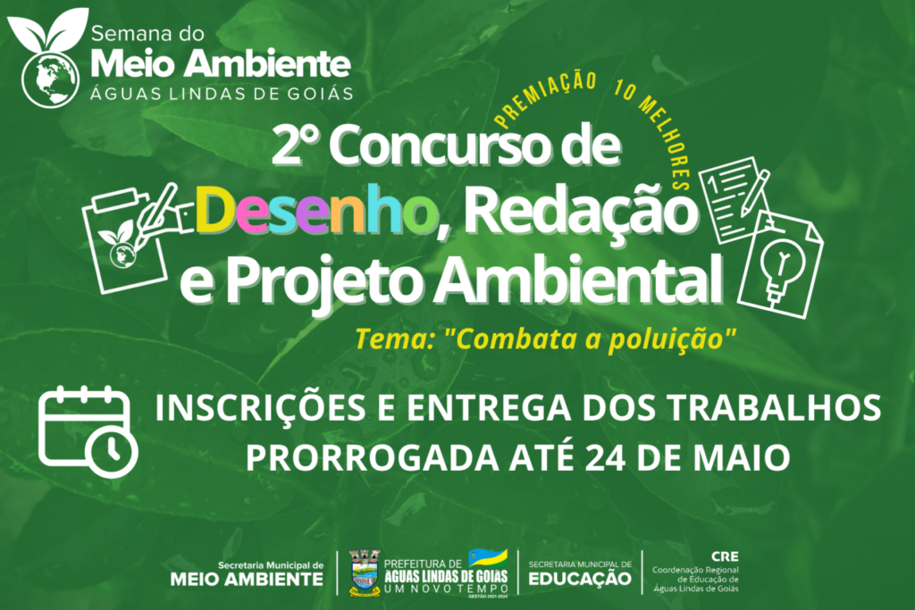 Estão prorrogadas as inscrições do 2° Concurso de Desenho, Redação e Projeto Ambiental até o dia 24 de maio de 2023.
